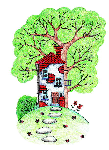 树旁的房子，彩色铅笔图片下载