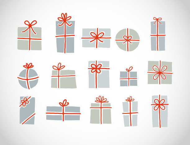一套灰色的圣诞礼盒与红色丝带在白色的背景。图片下载