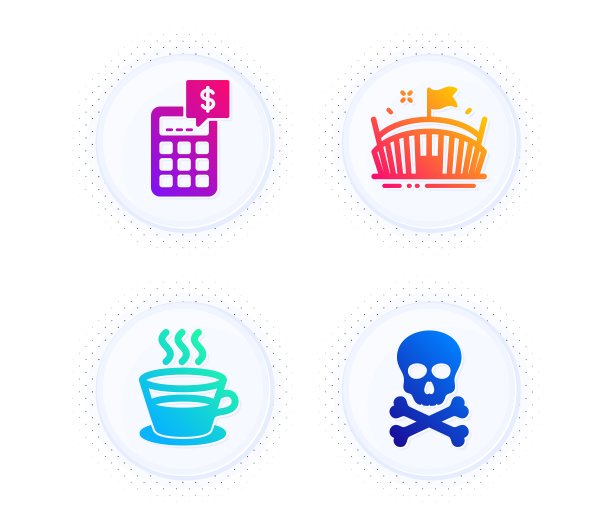 咖啡杯，计算器和竞技场图标设置。化学危险品标志。茶杯，理财，体育场。向量图片下载