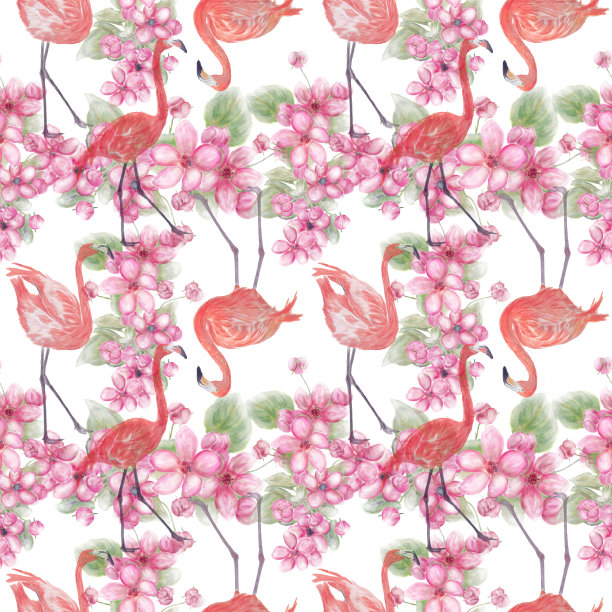 无缝花卉设计与粉红色的花和火烈鸟为背景图片下载