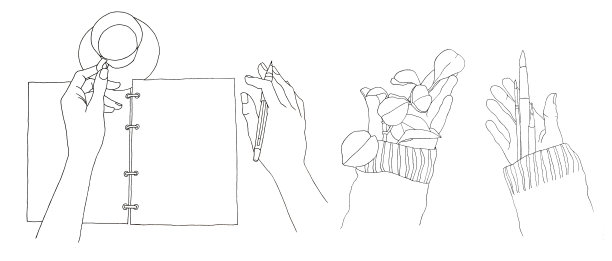 设黑线笔画手、笔、手握空白纸、杯茶、花草、毛笔。复制空间的文字或图片。创意手绘对象笔记本商业，广告，卡片，庆祝图片下载