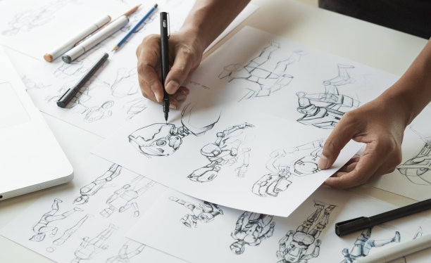 动画师设计师开发设计绘图素描开发创造图形姿势人物科幻机器人卡通插图动画视频游戏电影制作，动画设计工作室。图片下载