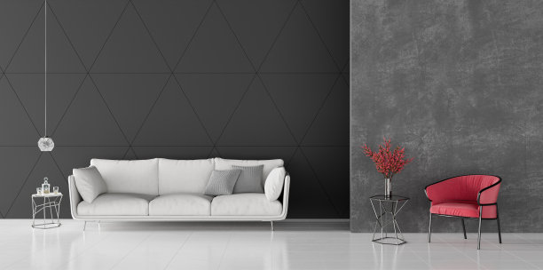 黑灰客厅的现代概念室内设计，3d渲染素材图片