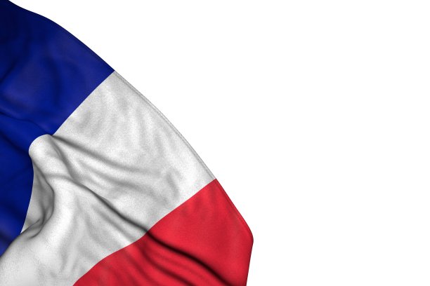 漂亮的法国国旗与大折叠躺在左下角孤立的白色-任何场合国旗3d插图图片下载