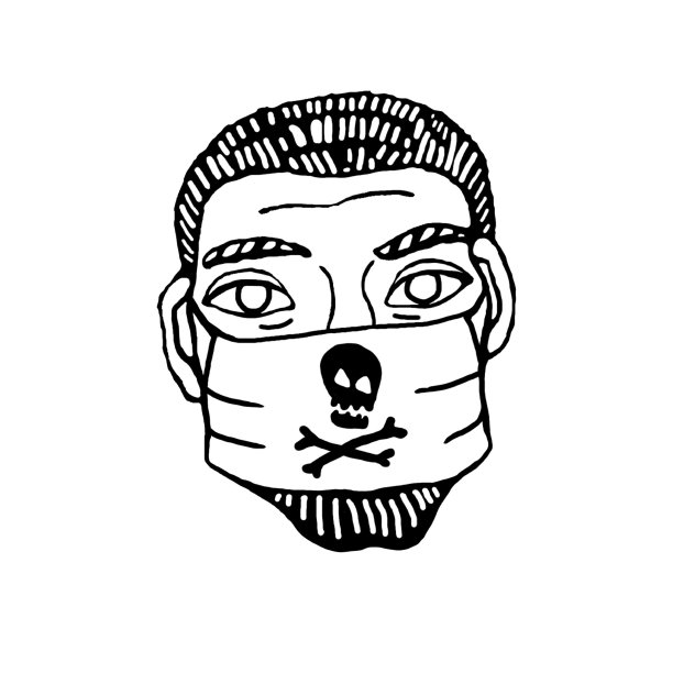 戴医用口罩的人可以防止感染、病毒。以隔离、自我隔离时间和新冠病毒预防为主题手绘黑色涂鸦轮廓图图片下载