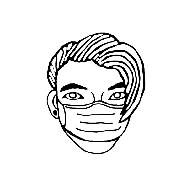 戴医用口罩的人可以防止感染、病毒。以隔离、自我隔离时间和新冠病毒预防为主题手绘黑色涂鸦轮廓图图片下载