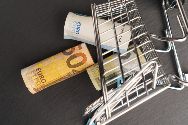 在购物车里卷起的欧元钞票图片下载