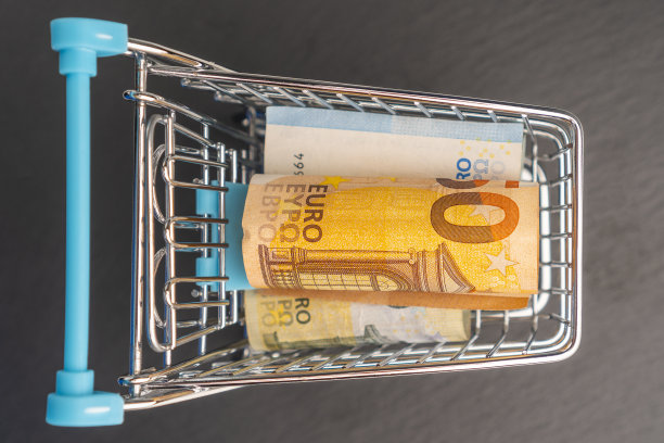 迷你购物车中的欧元钞票图片下载