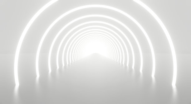 3d渲染抽象白光隧道背景几何在工作室房间。未来主义的室内建筑和现代设计。新展厅走廊尽头的视角。技术科学。图片下载