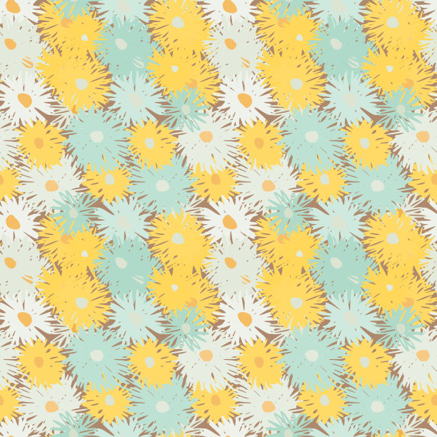 夏季无缝花卉图案与菊花剪影。明亮的黄色、蓝色和白色植物点缀。图片下载