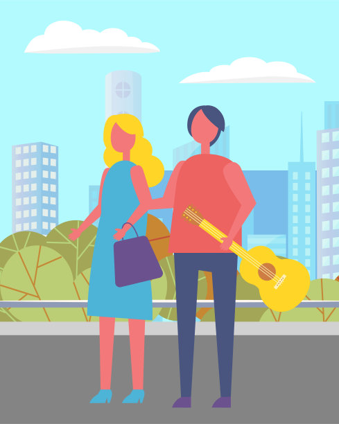 夏天，人们在城市公园里拿着吉他散步图片下载