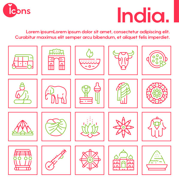彩色线性图标旗帜印度文化设置图片下载