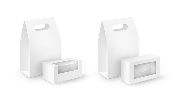 矢量组白色空白纸板矩形带走处理午餐盒包装的三明治，食物，礼物，其他产品与塑料窗户模拟近距离隔离在白色背景图片下载