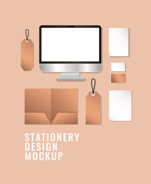 计算机和模型设置在橙色背景矢量设计图片下载