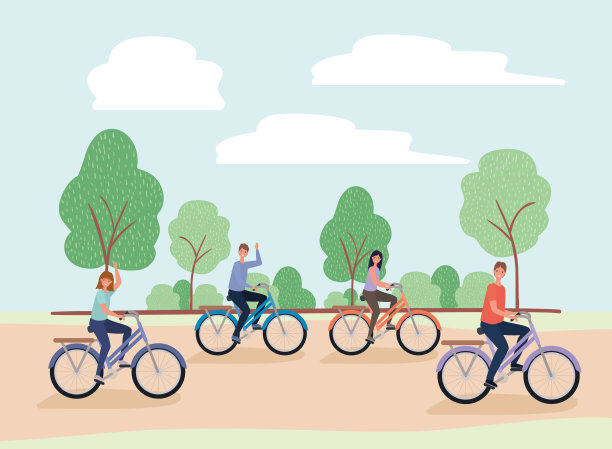 女性和男性卡通骑自行车在公园矢量设计图片下载