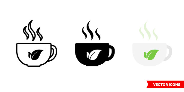 三种类型的茶图标：彩色、黑白、轮廓。孤立的矢量符号图片下载