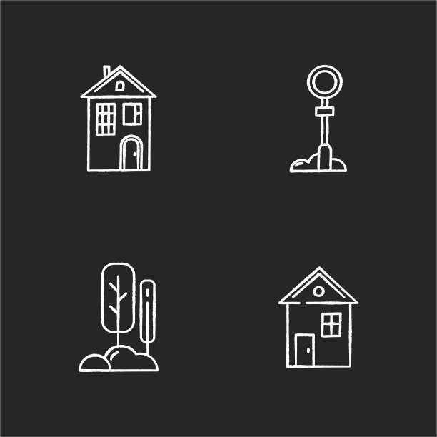 郊区生活粉笔白色图标设置在黑色背景图片下载