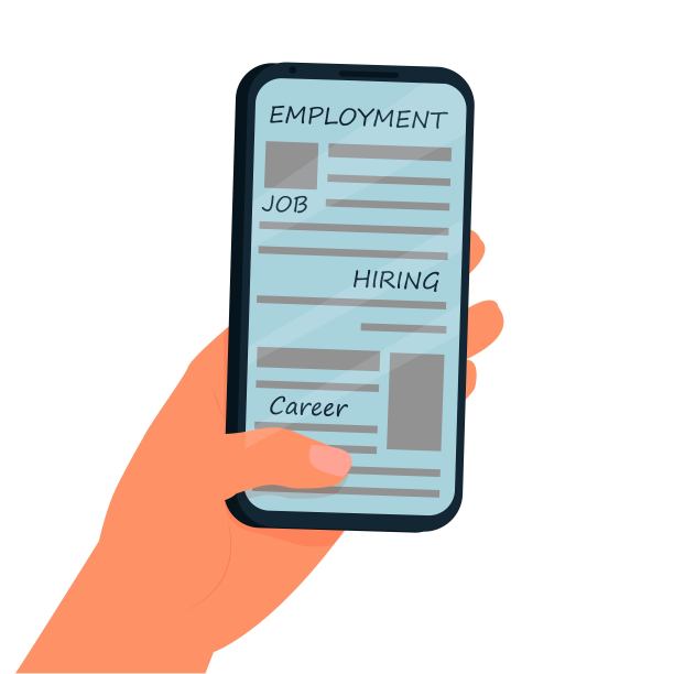 手持智能手机与就业，求职应用程序，网页孤立在白色背景股票矢量插图图片下载