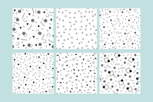 集合抽象的几何背景与不同的几何形状-三角形，圆，点，线在绿松石背景。向量无缝模式。矢量图图片下载