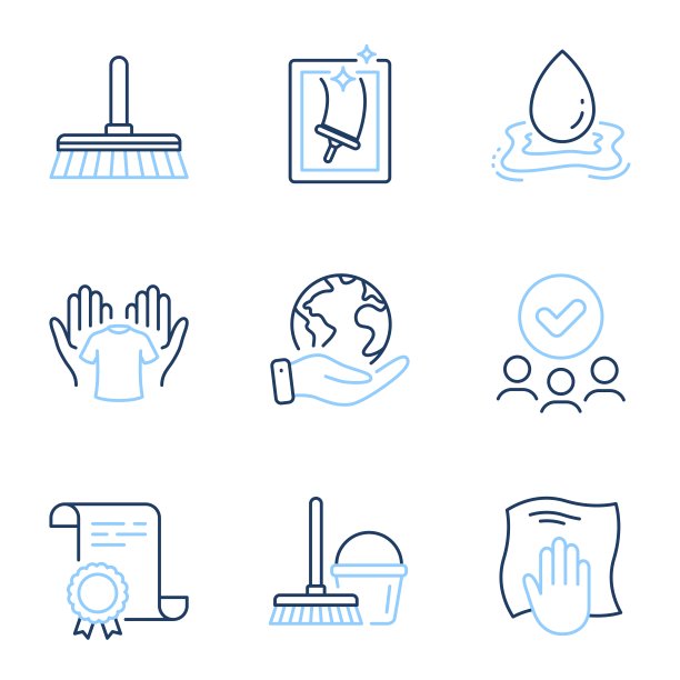 清洁拖把，水飞溅和洗涤布图标设置。向量图片下载