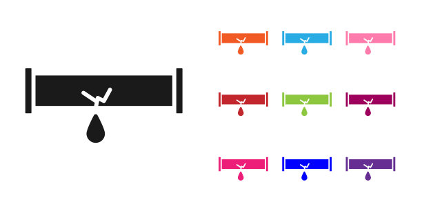 黑色破裂金属管道与漏水图标隔离在白色背景。设置图标丰富多彩。矢量图图片下载