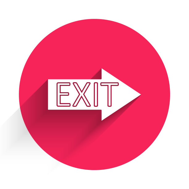 白色的消防出口图标孤立的长阴影。火灾应急图标。红色圆圈按钮。矢量图图片下载