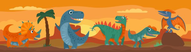 恐龙，山脉，棕榈树，仙人掌和天空与云彩。矢量平面插图图片下载