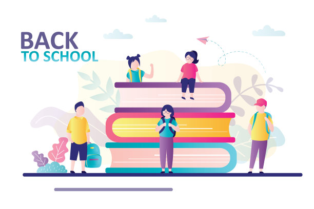 暑假后同学们见面了。回到学校。儿童背包。女学生坐在一堆课本上图片下载