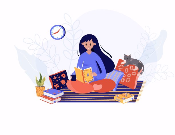 女人正盘腿坐在舒适的hygge的地方看书。学生阅读课本，准备考试。女士们拿着杯子学习文学，舒适的座位上有枕头和猫。图片下载