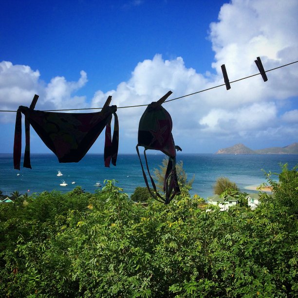 以热带海洋为背景的绳索上的泳衣图片下载