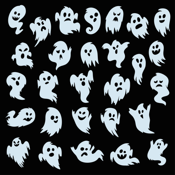 鬼集。令人毛骨悚然的万圣节剪影。恐怖服装。令人毛骨悚然的角色，神秘的形状。矢量插图卡通风格图片下载