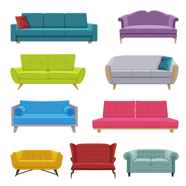 舒适的沙发收集，舒适的家庭或办公家具，现代室内设计平面矢量插图图片下载