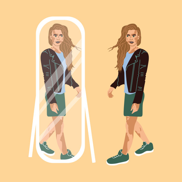 镜中美丽的白癜风女孩。图片下载