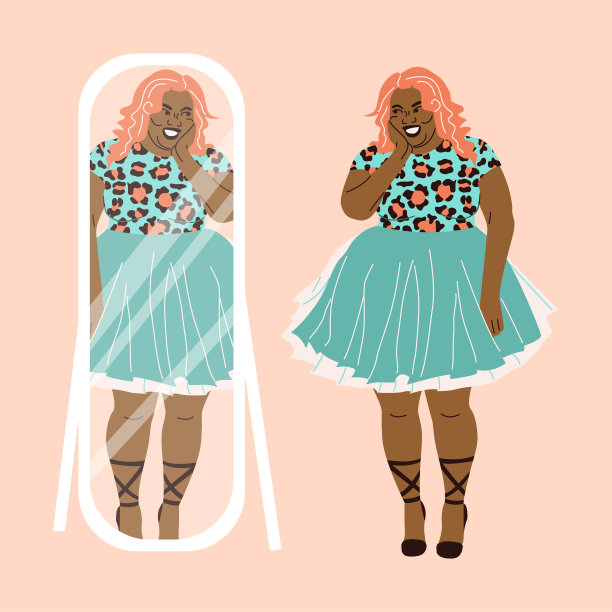 曲线美丽的非裔美国女人自信的镜子。图片下载