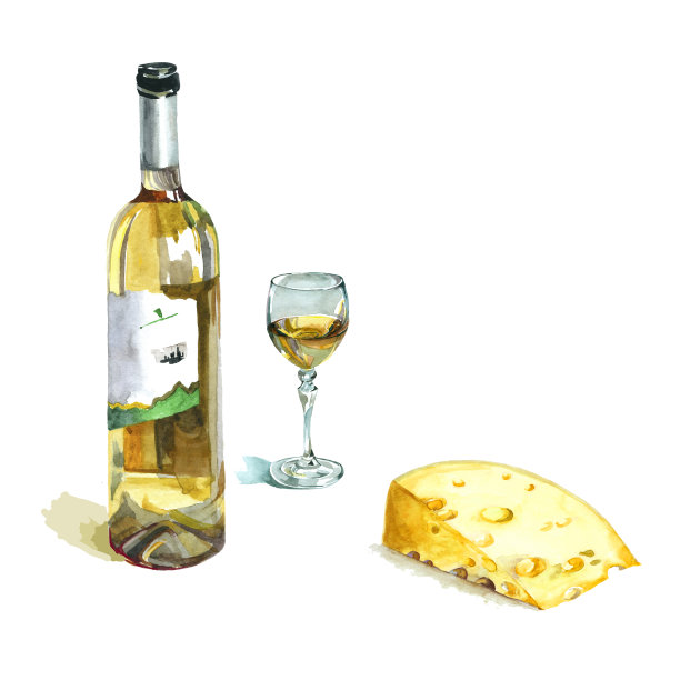 水彩葡萄酒酒瓶和奶酪套装。图片下载