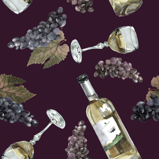 水彩酒瓶和葡萄上的黑色无缝图案。图片下载