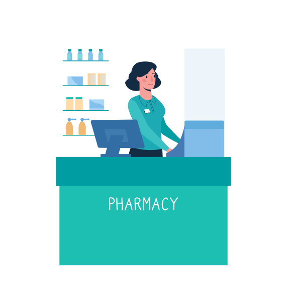 穿制服的女孩在药房卖药。女收银员站在柜台后面，打印购物收据。矢量插图在一个平坦的风格。白色背景,孤立图片下载