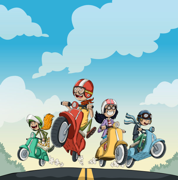 戴着头盔骑着摩托车的卡通人物。图片下载