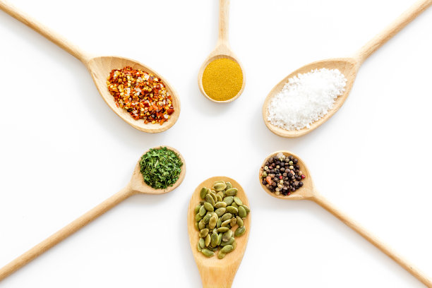 各种香料在勺子的布局。俯视图，复制空间图片下载
