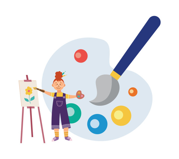 小女孩一个画家在画架上画平面矢量插图孤立。图片下载