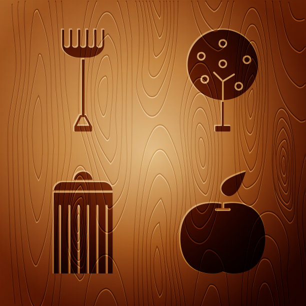 设置苹果园，耙，垃圾桶和树图片下载