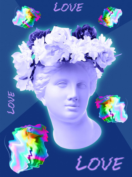 美丽的年轻女性粉红色的脸和彩色的花朵纹理的背景。石膏古董半身像的维纳斯花环。美丽的春夏模特女孩带着清新的花束。图片下载