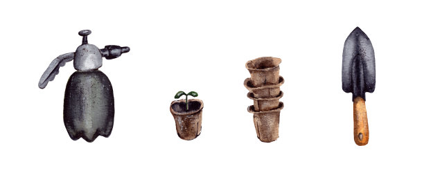 手绘水彩插图。一套园艺用品。种幼苗用的花盆，植物用的黑色害虫探测器，木柄上的小铁锹。孤立的图片下载