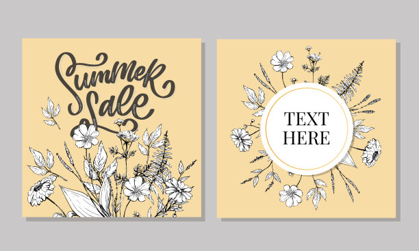 新潮的花卉矢量模板。夏季鲜花和夏季销售字母插图。破旧的金色纹理条纹背景。图片下载