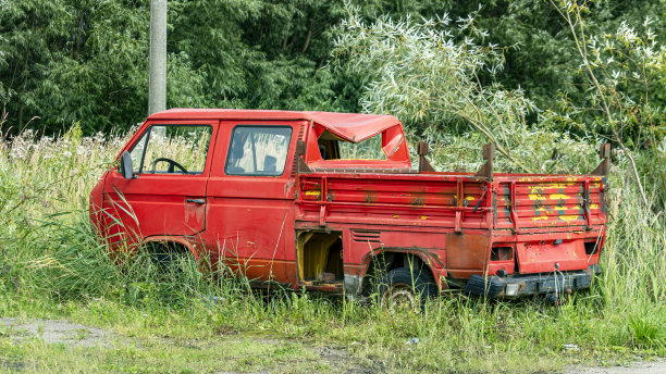 一辆长满草的旧红汽车图片下载