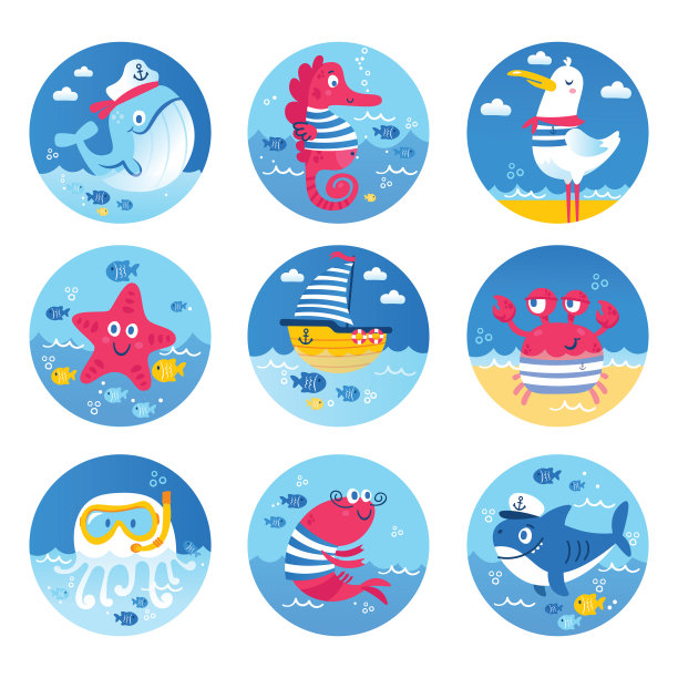 Set海洋动物，鱼，鲨鱼，鲸鱼，水母，星星图片下载