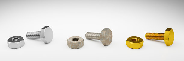 螺栓和螺母固定。白色背景上的银，金和锈。3 d渲染。图片下载