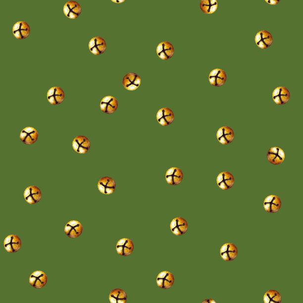 在绿色背景上的复古圣诞金铃无缝模式的水彩插图。恭贺新禧，圣诞快乐。图片下载