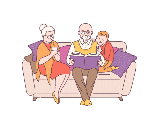 爷爷奶奶和孙子一起看书，卡通矢量插画孤立无援。图片下载
