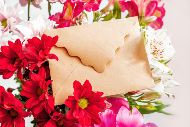 工艺信封中放置鲜艳的鲜花花束。浪漫的婚礼的邀请。现在的女人。生日贺卡。母亲节。空间的文本。文本的地方图片下载